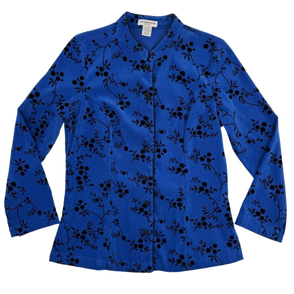 Vintage 90s Flocked Velvet Mandarin Collar Blouse Shacket Jacket Petite Medium